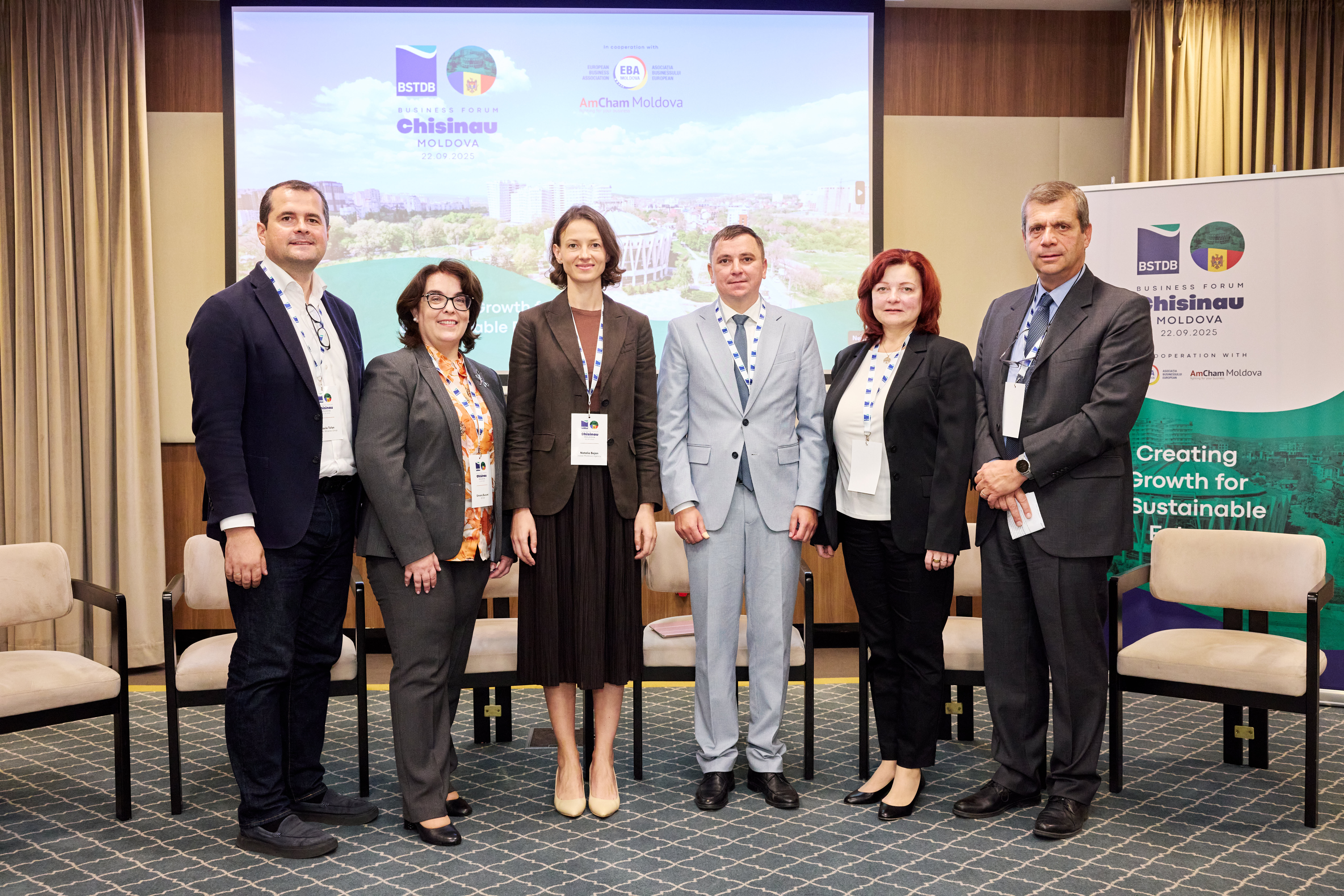 Vasile Tofan, Chairman of the Board of Directors, Purcari Wineries Group, Simona Bucurei, Principal Banker - General Industries, Transport & Tourism, BSTDB, Natalia Bejan, Director - Invest Moldova, Dorel Noroc, President - Moldovan Banks Association, Larisa Manastirli, Director, Financial Institutions, BSTDB, and Panayotis Gavras, Director, Policy & Strategy, BSTDB