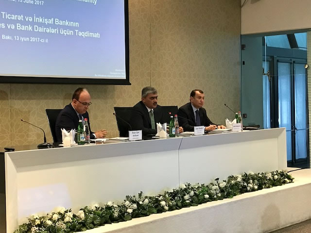 BSTDB is presenting its products and services to over 100 representatives of leading Azerbaijani businessmen and bankers in Baku. Finance Minister Sharifov and Deputy Economy Minister Mammadov opened the Bank's Presentation together with BSTDB President Delikanli.