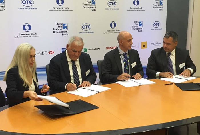 Serafeim Tsokas (second from left) signing the loan agreement with Charalampos Mazarakis, OTE Group Chief Financial Officer and Panagiotis Kaliabetsos, Executive Director Treasury OTE Group