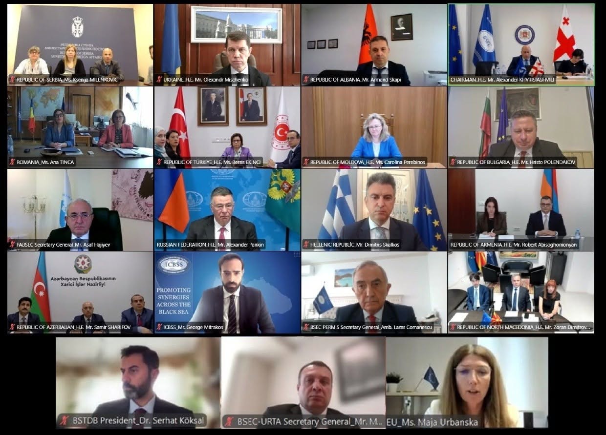 Screenshot of the virtual 52nd Meeting of the BSEC Council of Ministers of Foreign Affairs under the Georgian Chairmanship-in-Office, featuring representatives of BSEC member states, BSEC institutions and partner organizations, including BSTDB President Dr. Serhat Köksal.