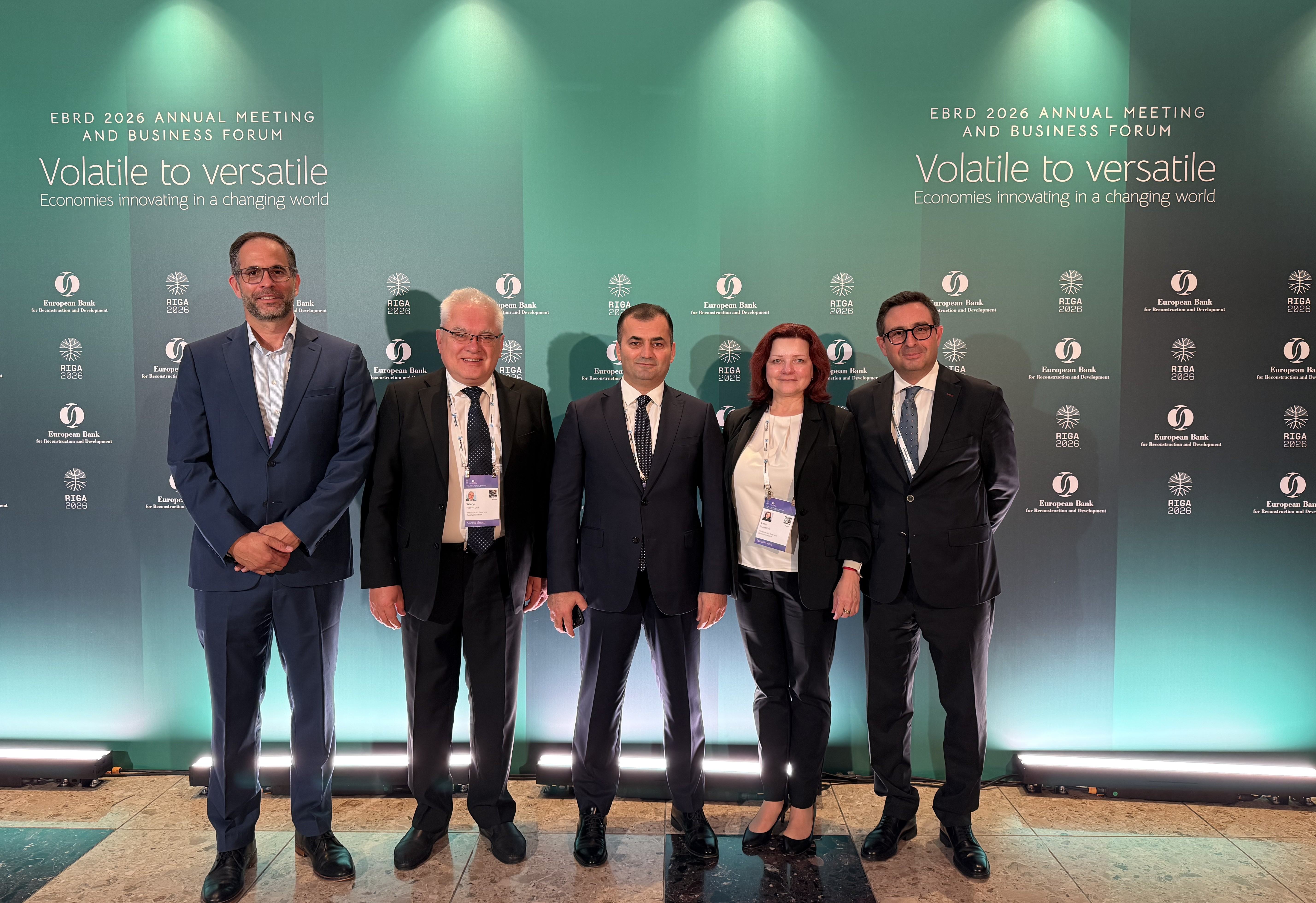 BSTDB representatives pose for a group photo at the EBRD 2026 Annual Meeting and Business Forum in Riga, Latvia.