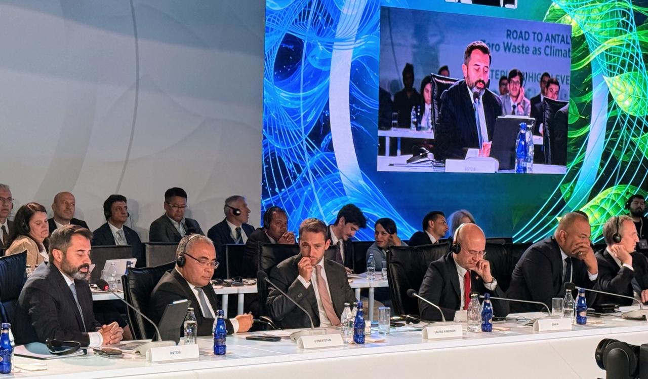 BSTDB President Serhat Köksal speaks during a high-level panel at the Zero Waste Forum, seated alongside representatives from international financial institutions and government organizations.