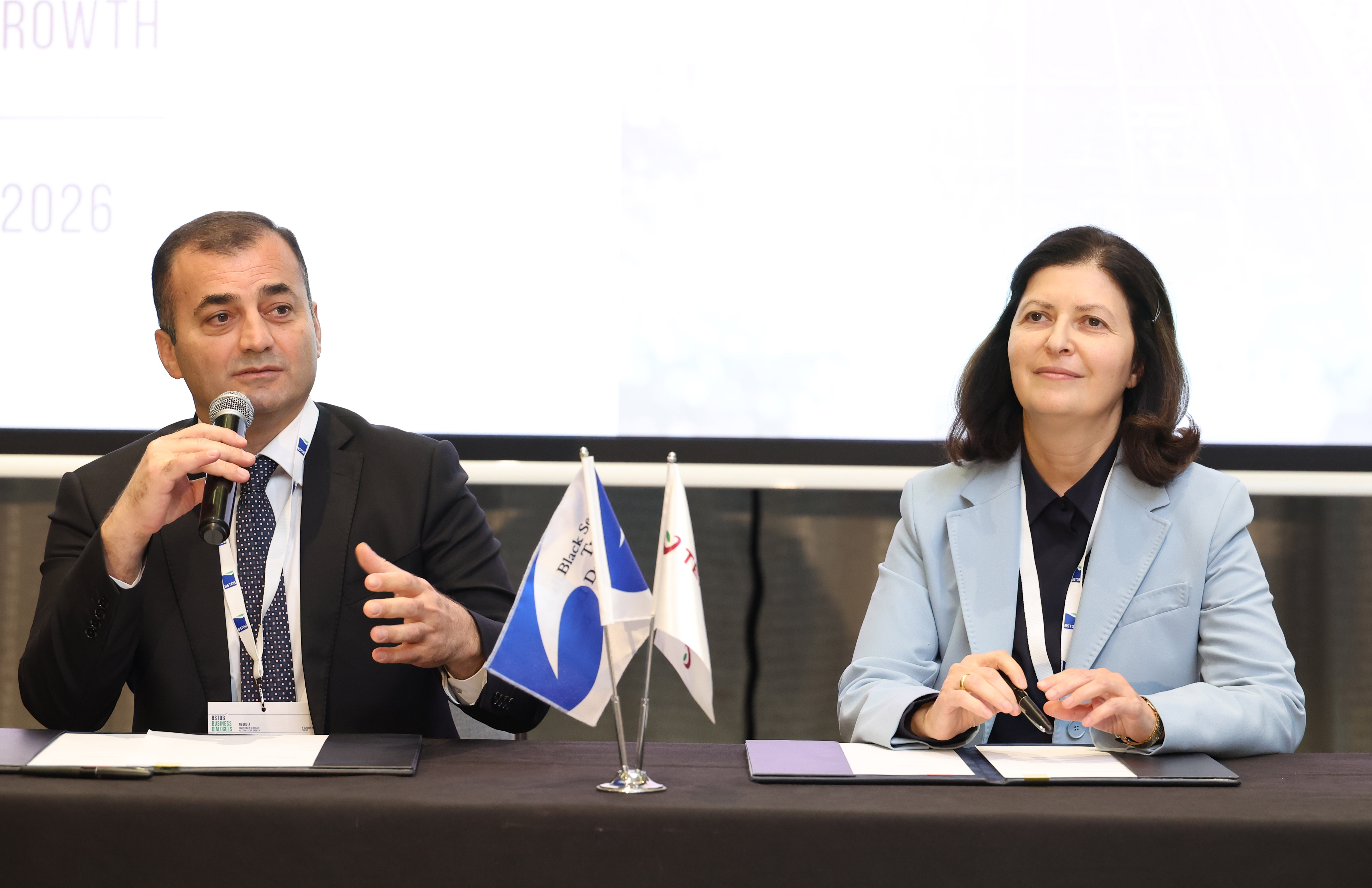 Representatives of BSTDB and Terabank speak during the EUR 5 million SME financing agreement signing ceremony in Tbilisi.