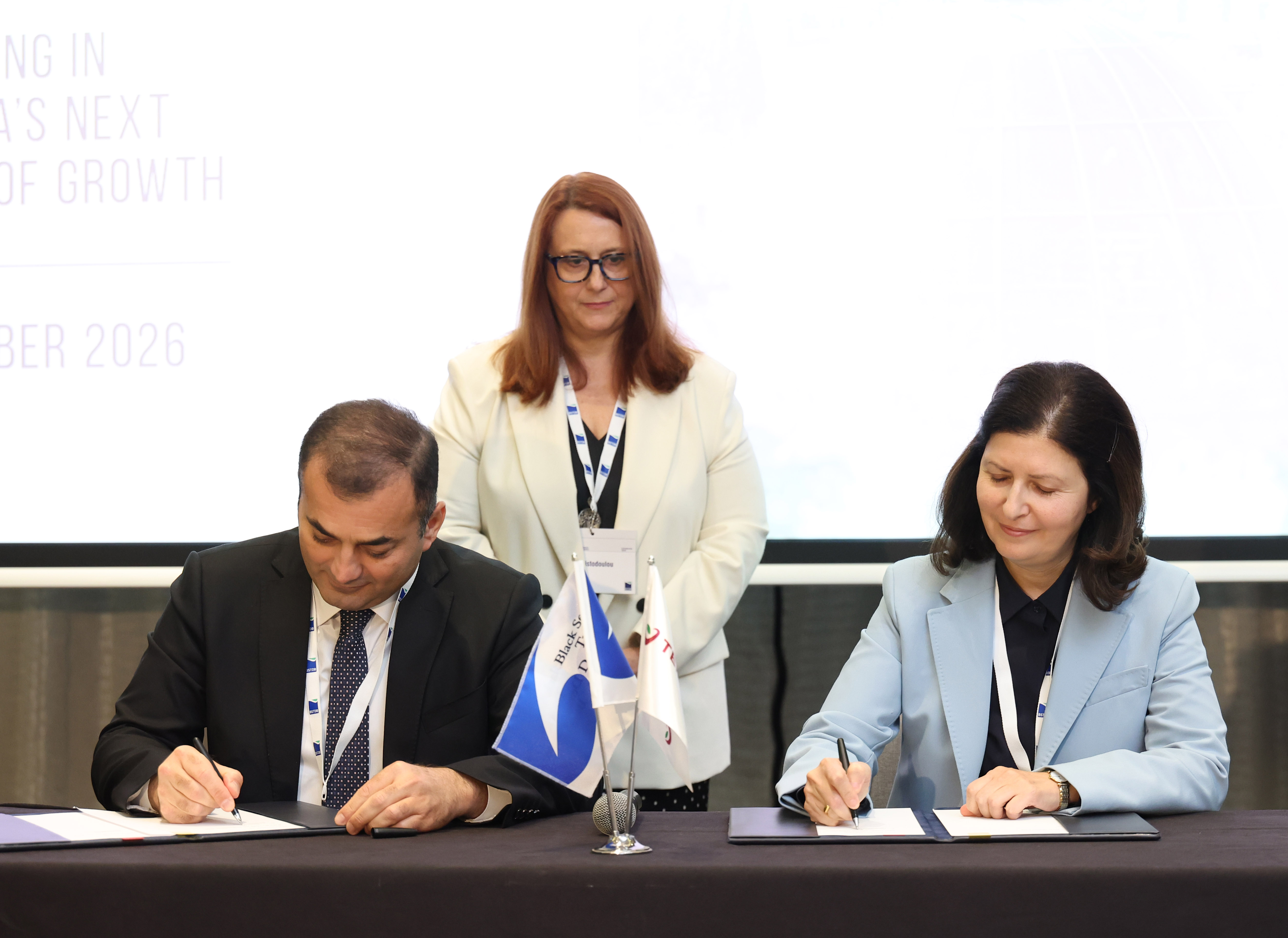 Representatives of BSTDB and Terabank sign the EUR 5 million financing agreement during the BSTDB Dialogues event in Tbilisi.